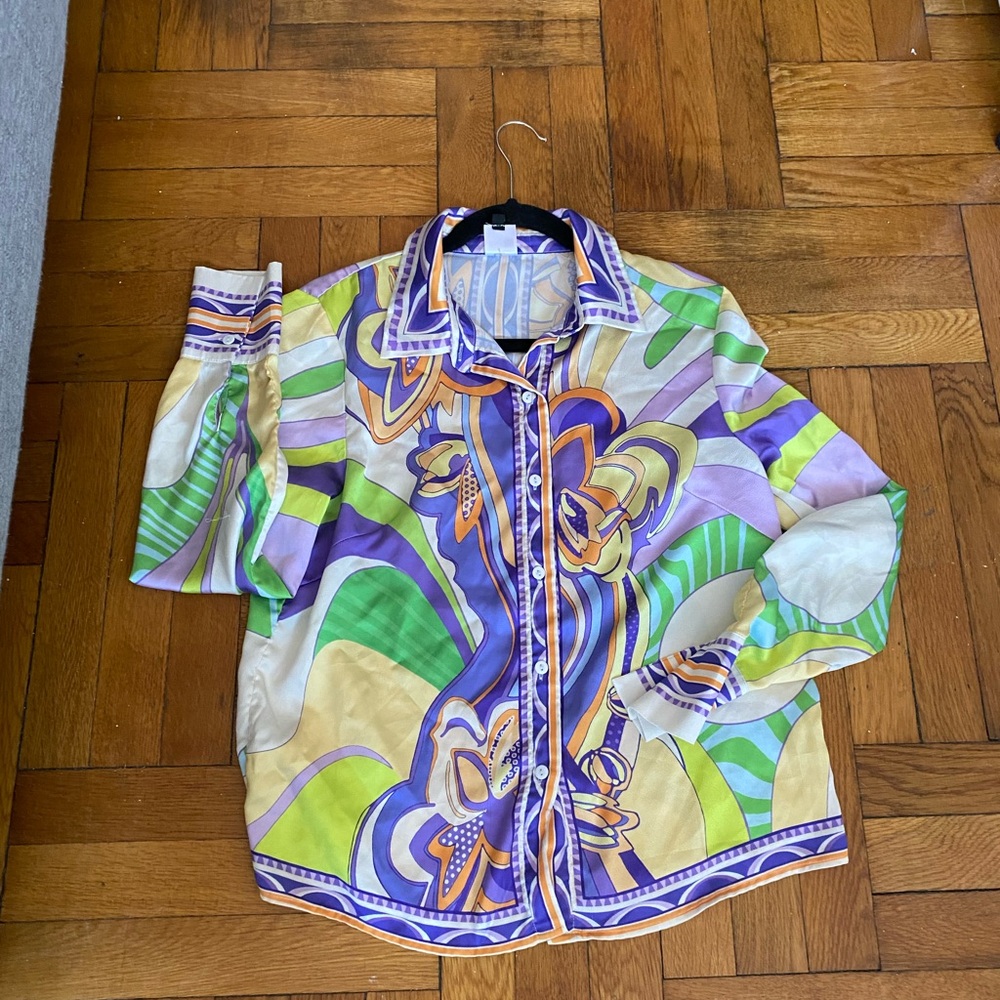 Amanda Jean NYC Multicolor Abstract Print Satin Blouse Button Front Size S